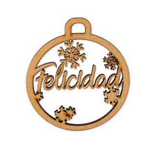 Adorno navideño Felicidad con copos de nieve en MDF - 8 cm
